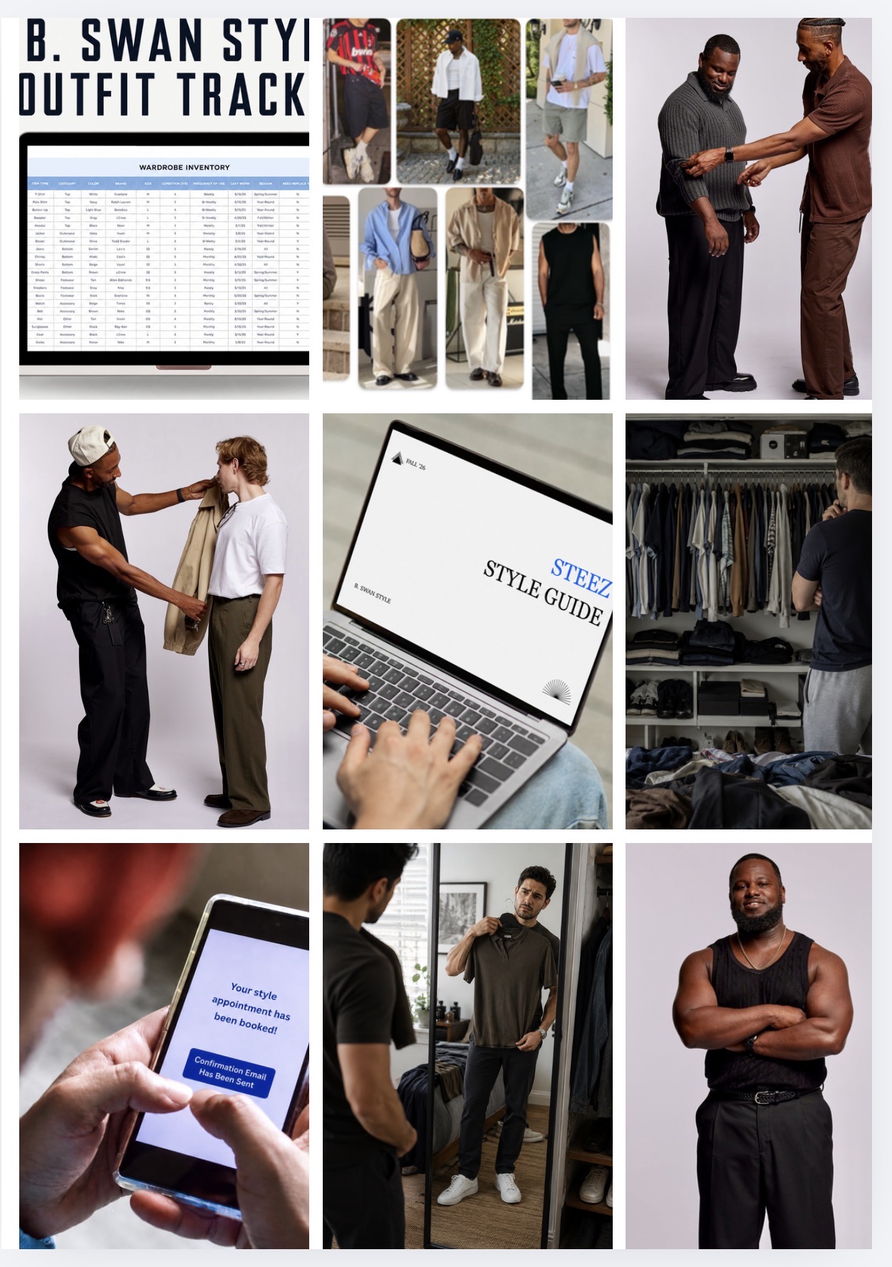 The STEEZ system in action — wardrobe tracker, outfit ideas, styling sessions, and your custom style guide
