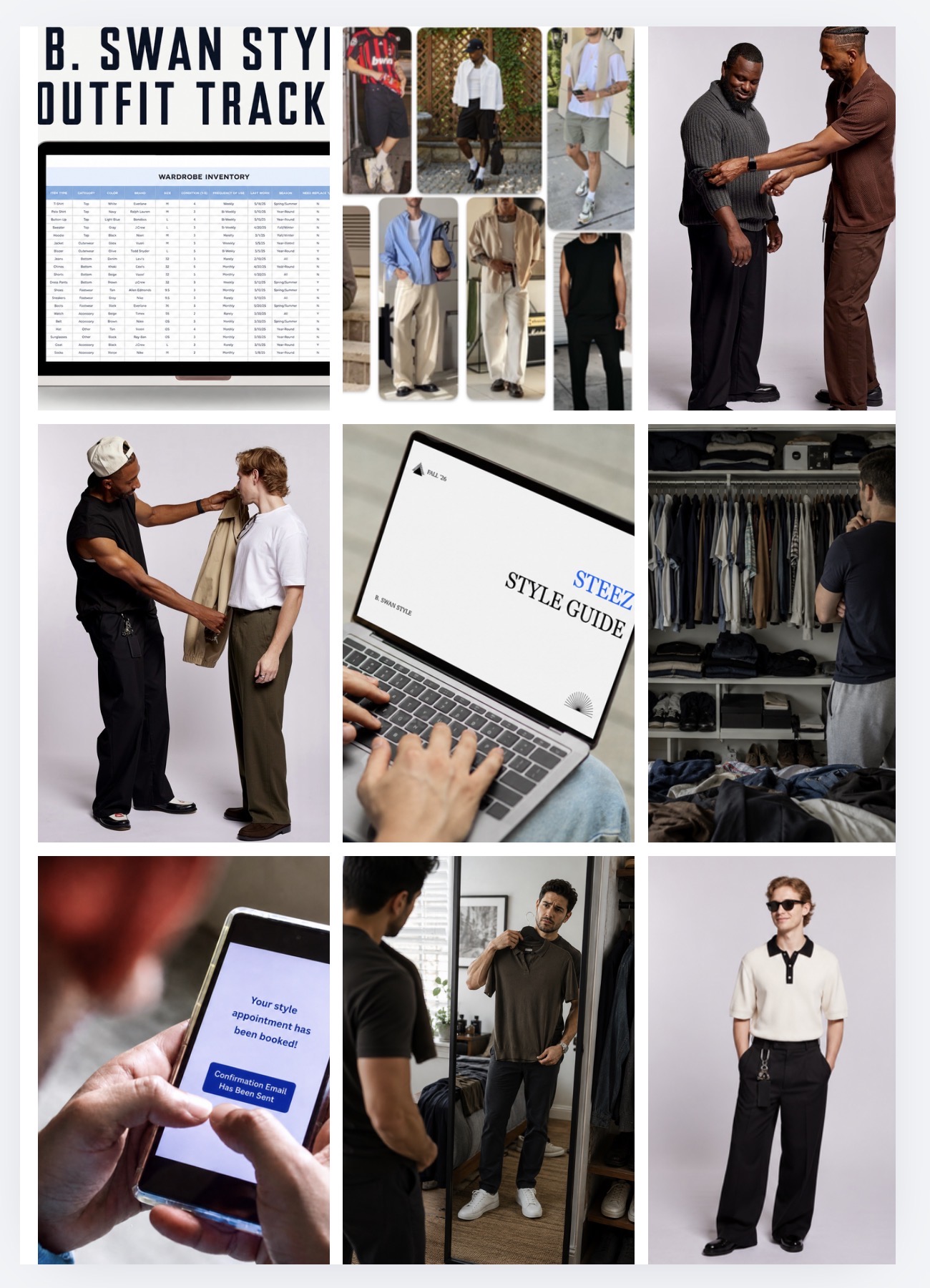 The STEEZ system in action — wardrobe tracker, outfit ideas, styling sessions, and your custom style guide